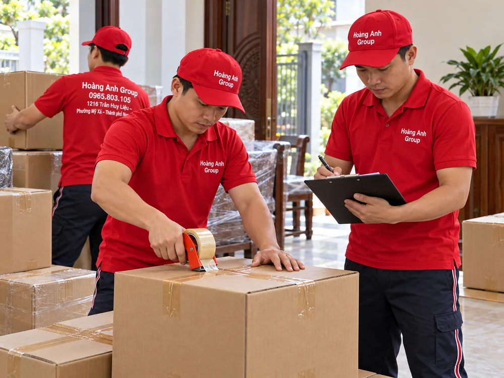 Nhân viên Hoàng Anh Group niêm phong thùng kín và kiểm tra bàn giao đồ dùng