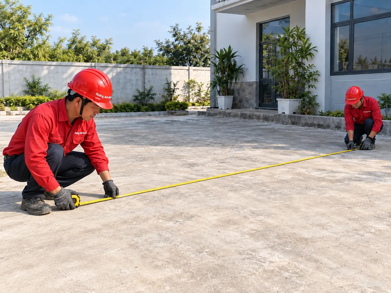 Hai nhân công đo kích thước một phần sân bê tông để chuẩn bị thông tin báo giá