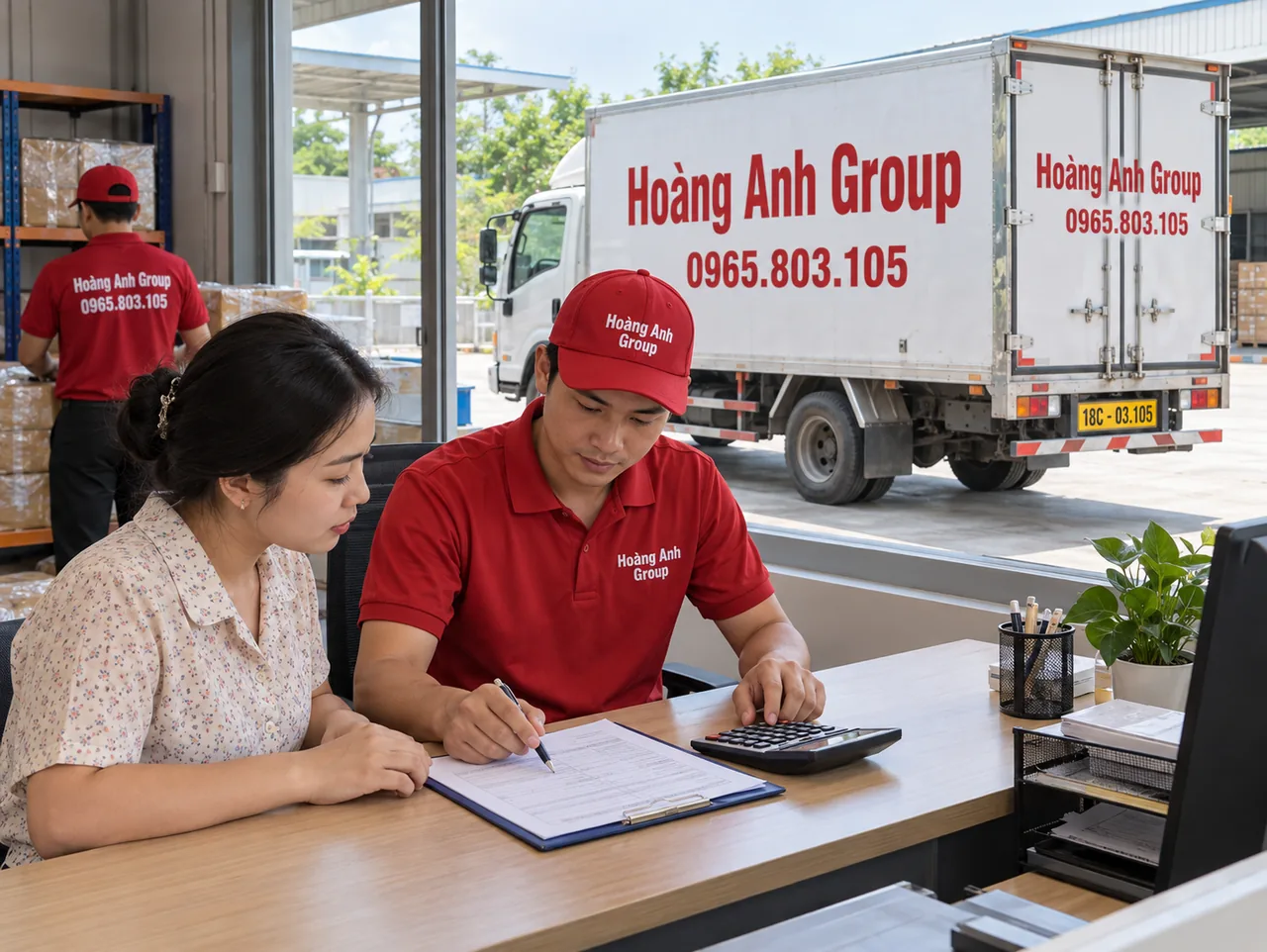 Khách hàng và nhân viên trao đổi phiếu hàng cùng máy tính tại quầy tiếp nhận, xe tải ngoài cửa