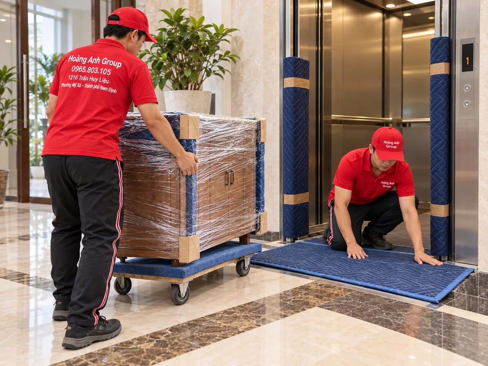 Nhân viên Hoàng Anh Group trải đệm bảo vệ ngưỡng thang máy trước khi chuyển tủ