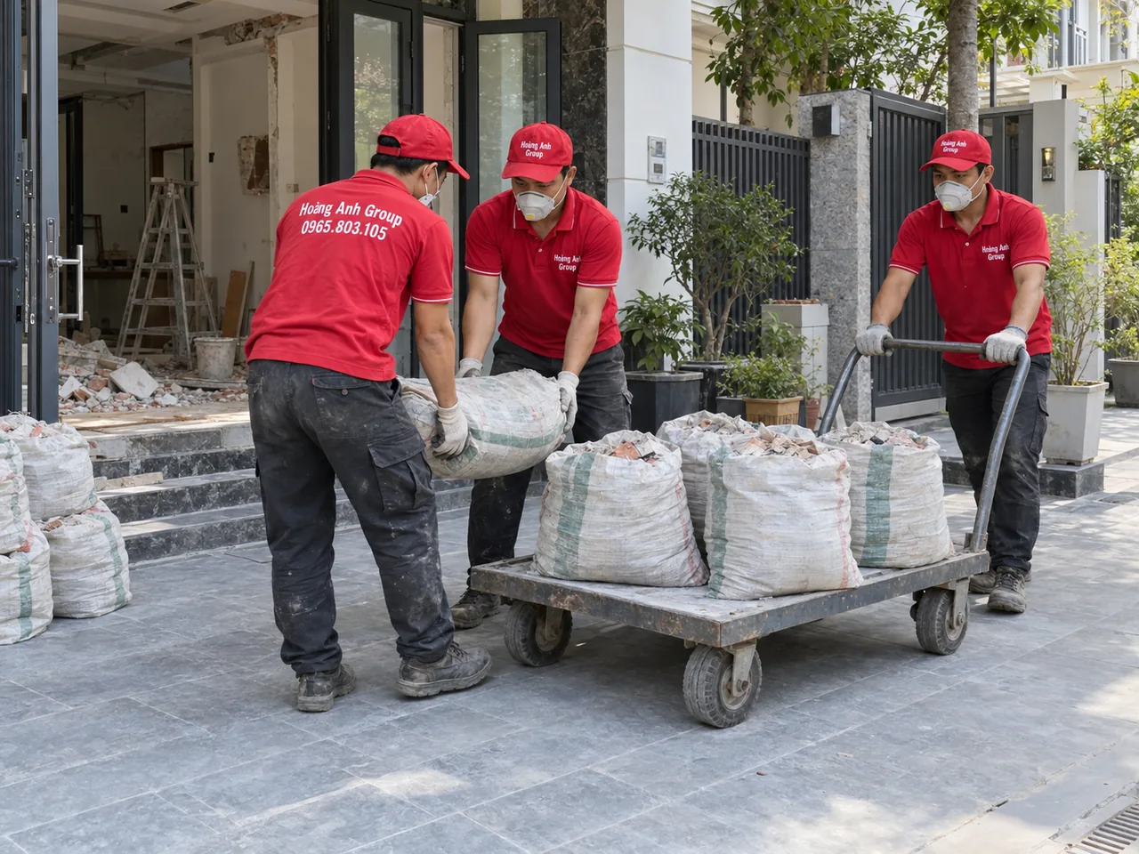 Nhân công Hoàng Anh Group di chuyển bao trạc bằng xe đẩy tại sân công trình
