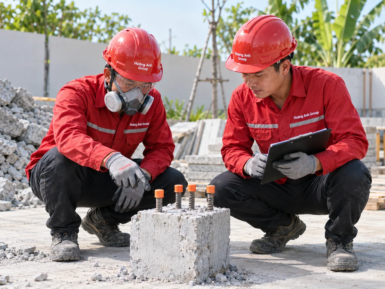Nhân công xem xét mẫu bê tông có các đầu thép được bọc bảo vệ trong khu vực ngoài trời