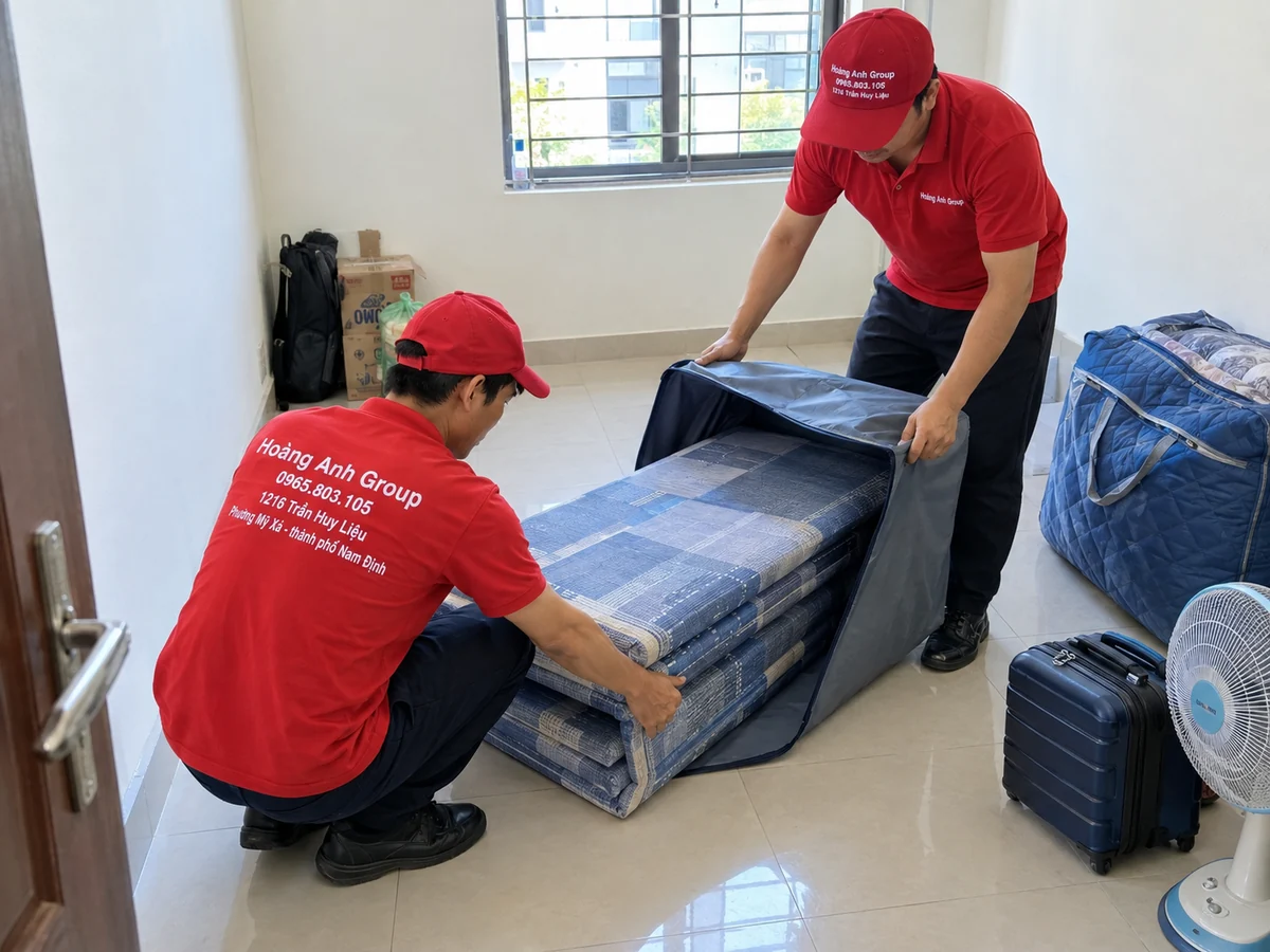 Hai nhân viên Hoàng Anh Group cho đệm gấp vào túi bảo vệ trước khi chuyển trọ