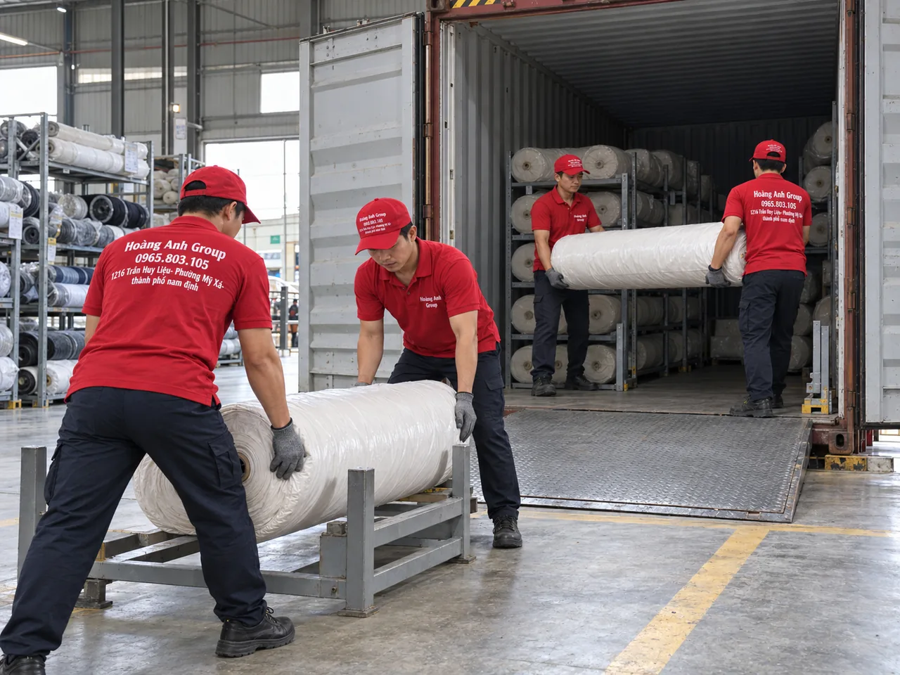 Nhân công Hoàng Anh Group phối hợp di chuyển cuộn vải tại cửa container và kho hàng