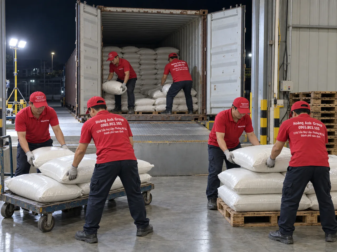 Công nhân áo đỏ Hoàng Anh Group bốc hàng bao từ container trong ca đêm tại kho