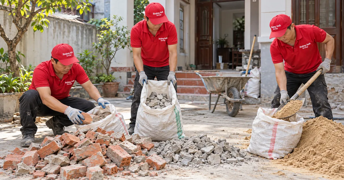 Nhân viên phân loại gạch vỡ, vữa khô và cát thành các nhóm vật liệu riêng