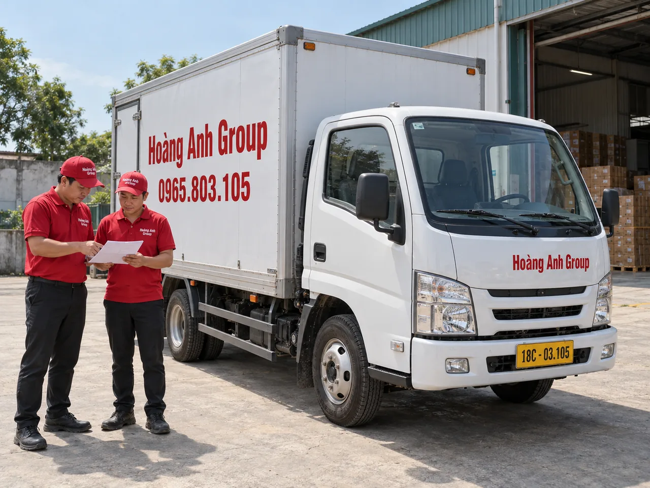 Nhân viên trao đổi phiếu hàng cạnh xe tải thùng kín cabin trắng trong sân kho