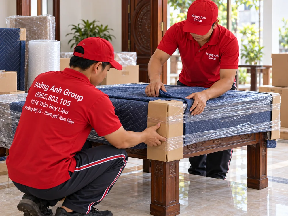 Nhân viên Hoàng Anh Group bọc chăn và bảo vệ góc bàn gỗ trước khi chuyển nhà