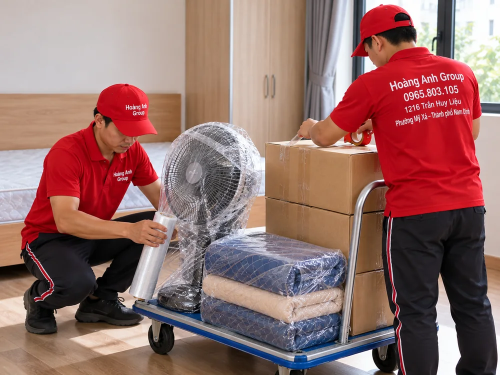 Nhân viên Hoàng Anh Group bọc quạt và chăn đệm cho chuyến chuyển phòng trọ