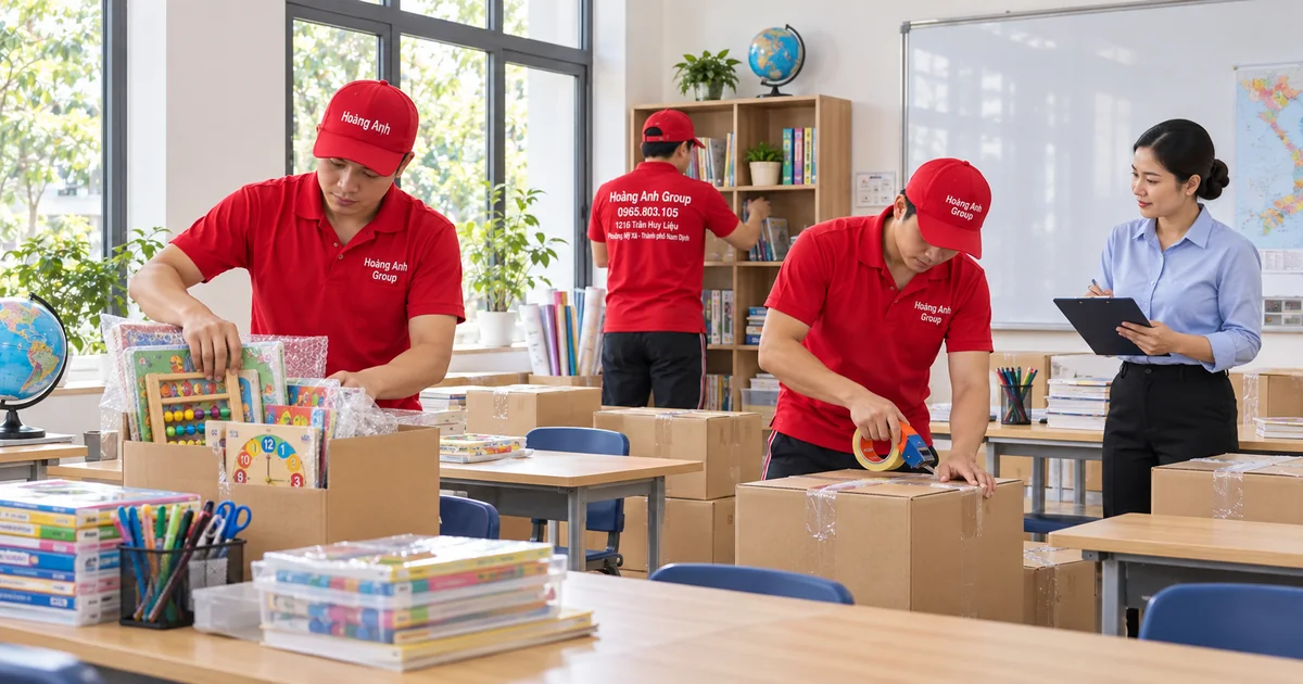 Nhân viên Hoàng Anh Group chuẩn bị học cụ tại cơ sở giáo dục