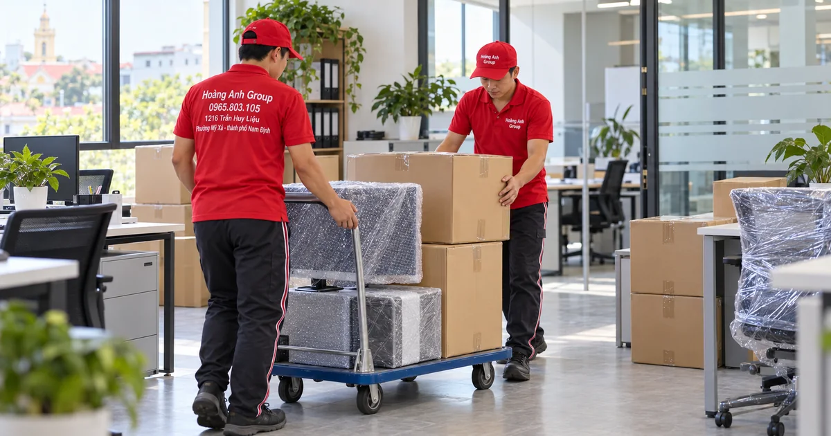 Nhân viên Hoàng Anh Group cố định thùng kín và máy tính trên xe đẩy trong văn phòng