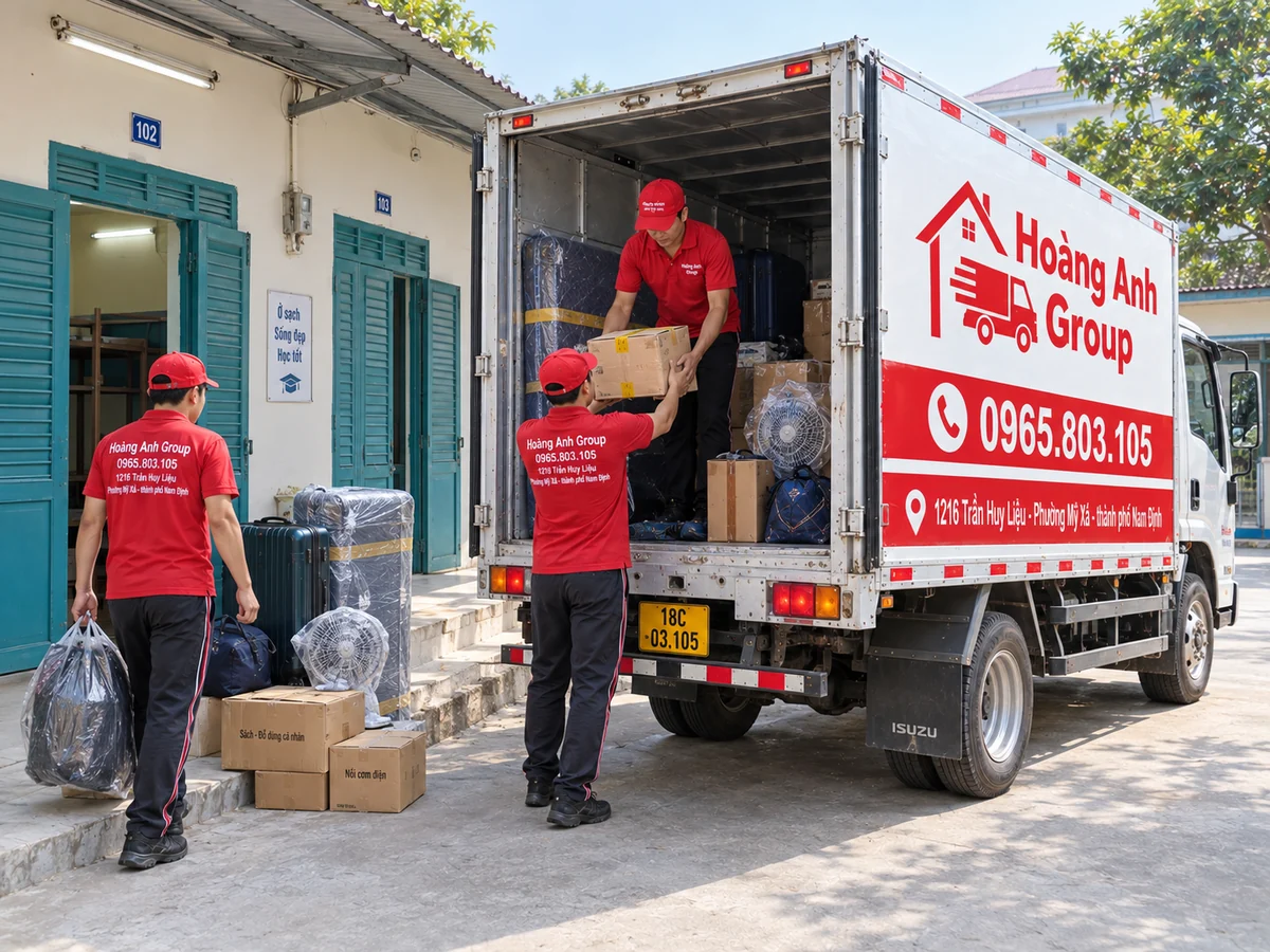 Nhân viên Hoàng Anh Group chuyển thùng đồ và túi hành lý tại khu trọ sinh viên