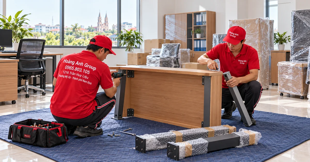 Nhân viên Hoàng Anh Group tháo chân bàn văn phòng trên chăn bảo vệ