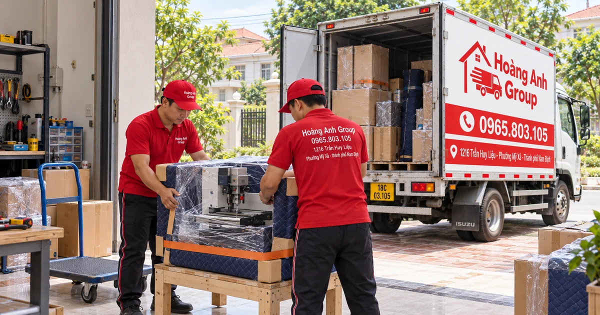 Nhân viên Hoàng Anh Group cố định thiết bị để bàn đã ngắt điện bằng vật liệu bảo vệ