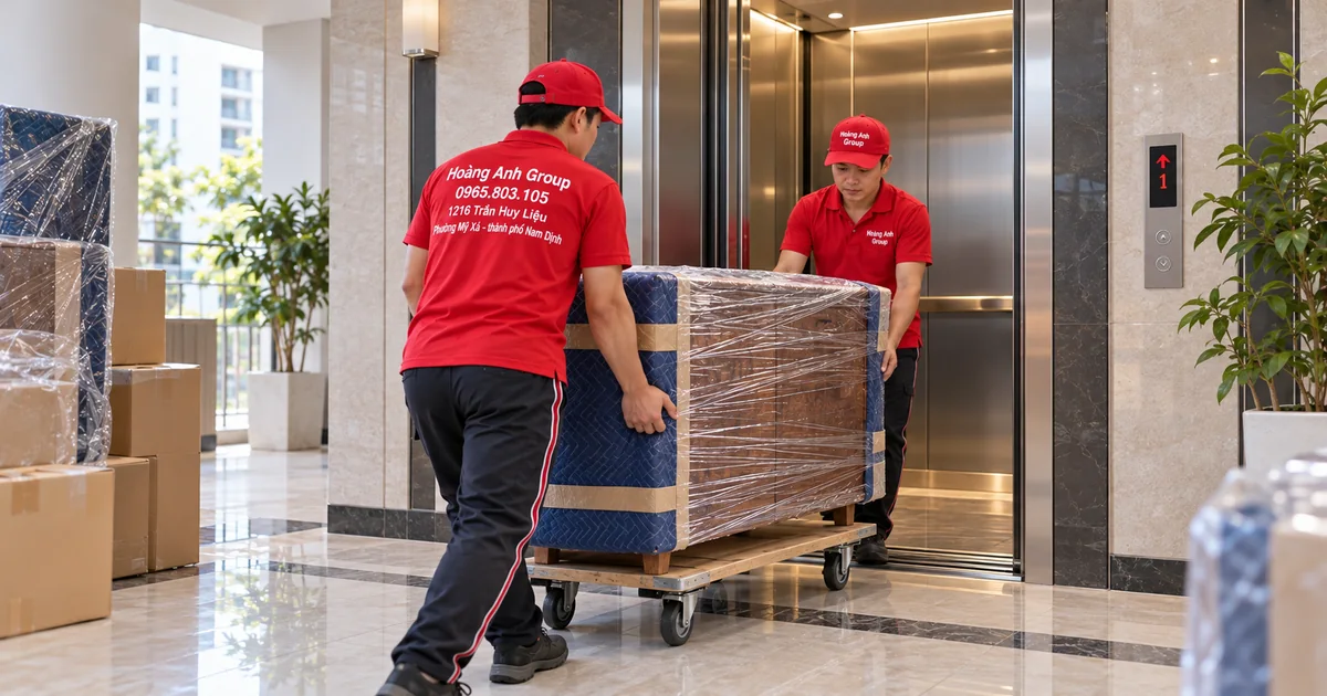Nhân viên Hoàng Anh Group đưa tủ đã bọc đến thang máy chung cư