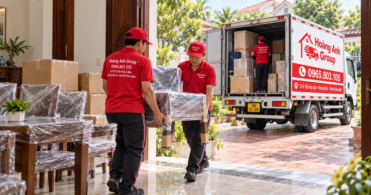 Nhân viên Hoàng Anh Group tập kết đồ gia đình đã bọc theo từng đợt chuyển nhà