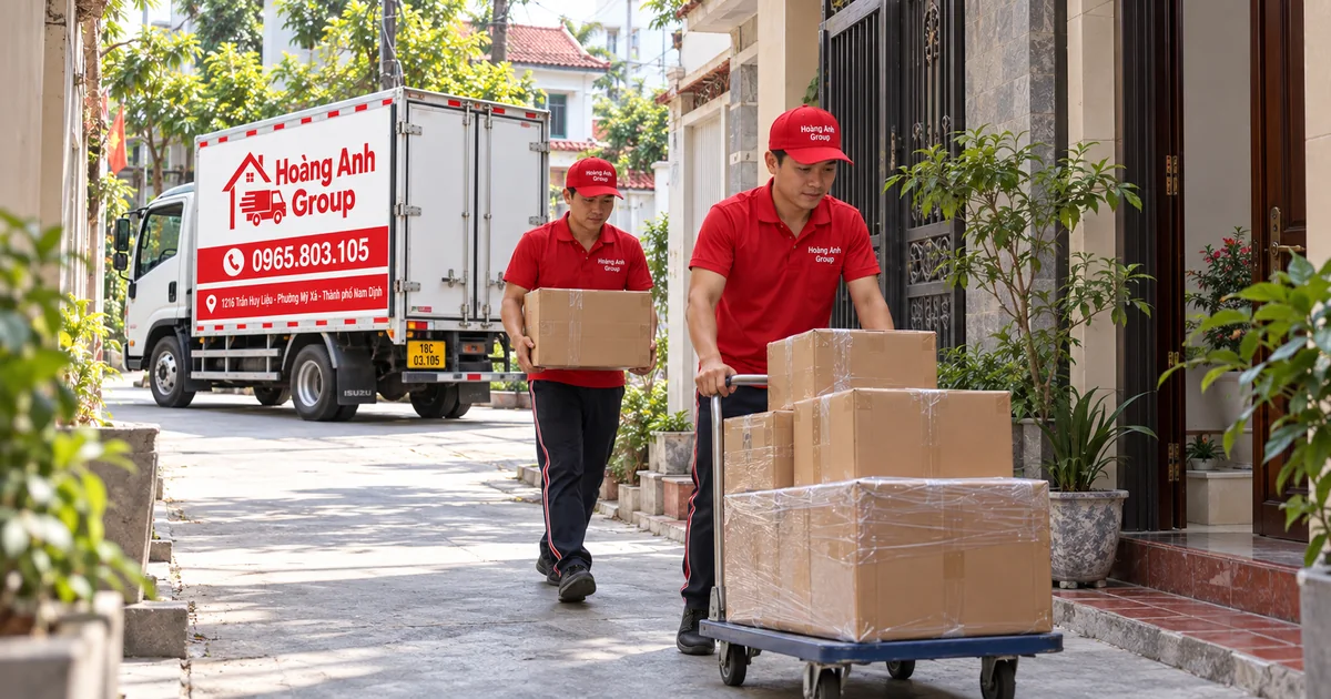 Nhân viên Hoàng Anh Group chuyển thùng đồ qua ngõ nhỏ với xe tải đỗ ở đầu ngõ