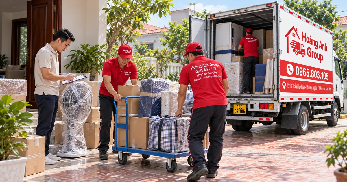 Nhân viên Hoàng Anh Group kiểm tra đồ chuyển trọ bên xe đẩy
