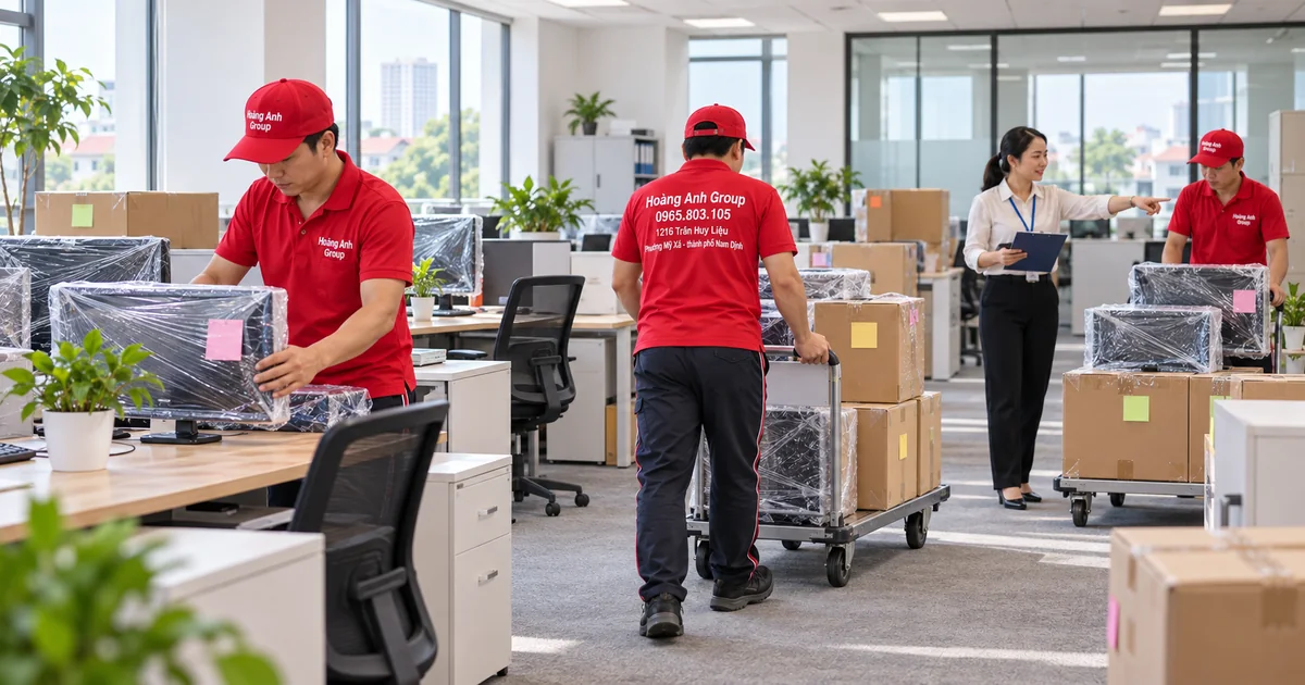 Nhân viên Hoàng Anh Group phân nhóm màn hình và thùng đồ theo bộ phận văn phòng