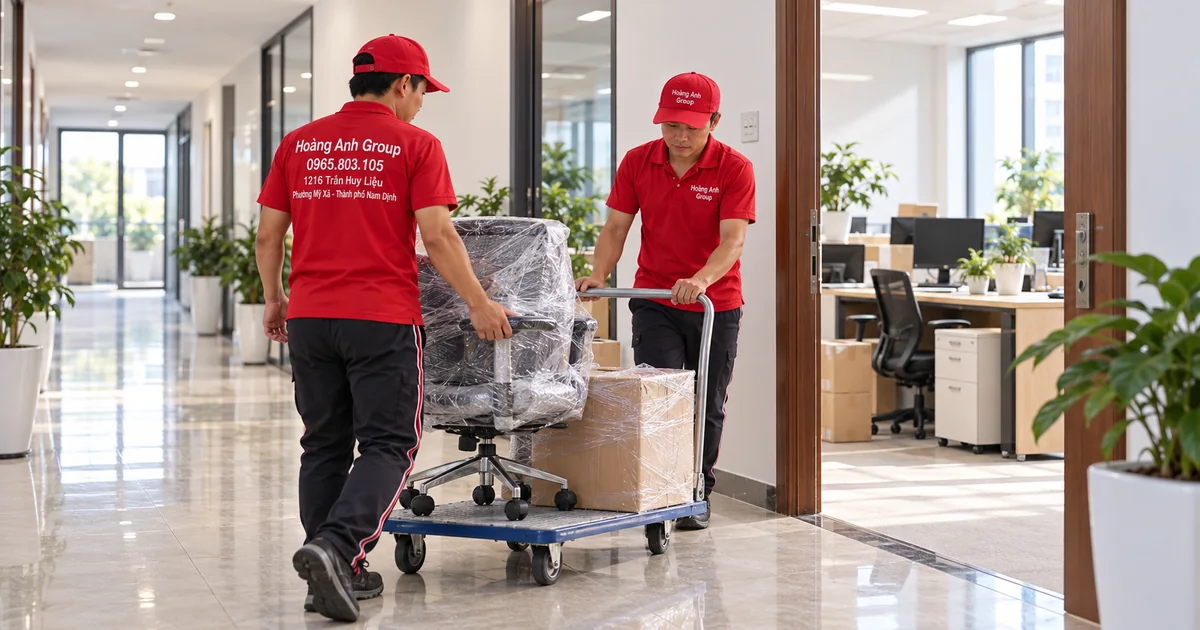 Nhân viên Hoàng Anh Group chuyển ghế và thùng đồ giữa các phòng trong cùng tòa nhà