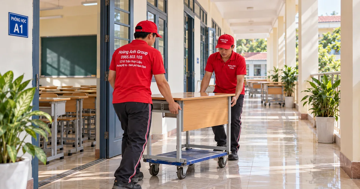 Nhân viên Hoàng Anh Group đưa bàn học lên xe đẩy ở hành lang lớp học