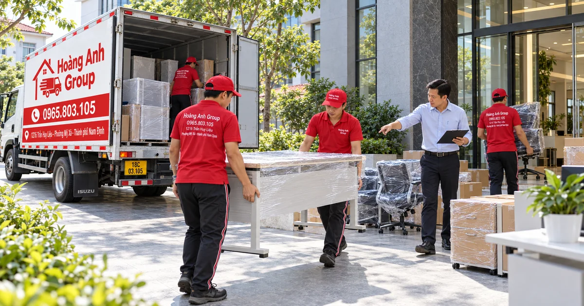 Nhân viên Hoàng Anh Group phối hợp chuyển bàn và đồ dùng trước trụ sở cơ quan