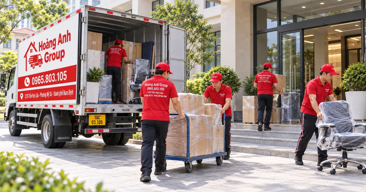 Nhân viên Hoàng Anh Group chuyển thùng đồ và ghế văn phòng tại cơ quan