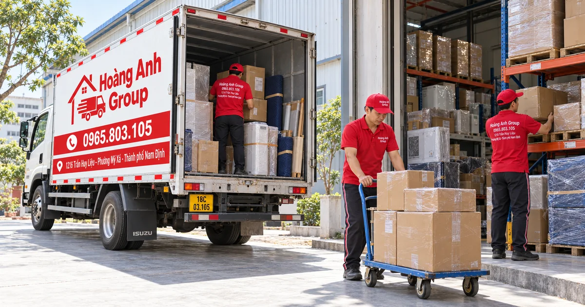 Nhân viên Hoàng Anh Group chuyển thùng hàng bằng xe đẩy tại cửa kho