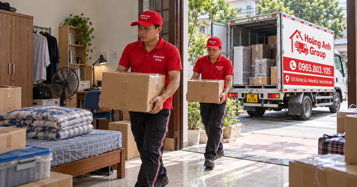 Nhân viên Hoàng Anh Group chuyển các thùng đồ nhỏ tại phòng thuê