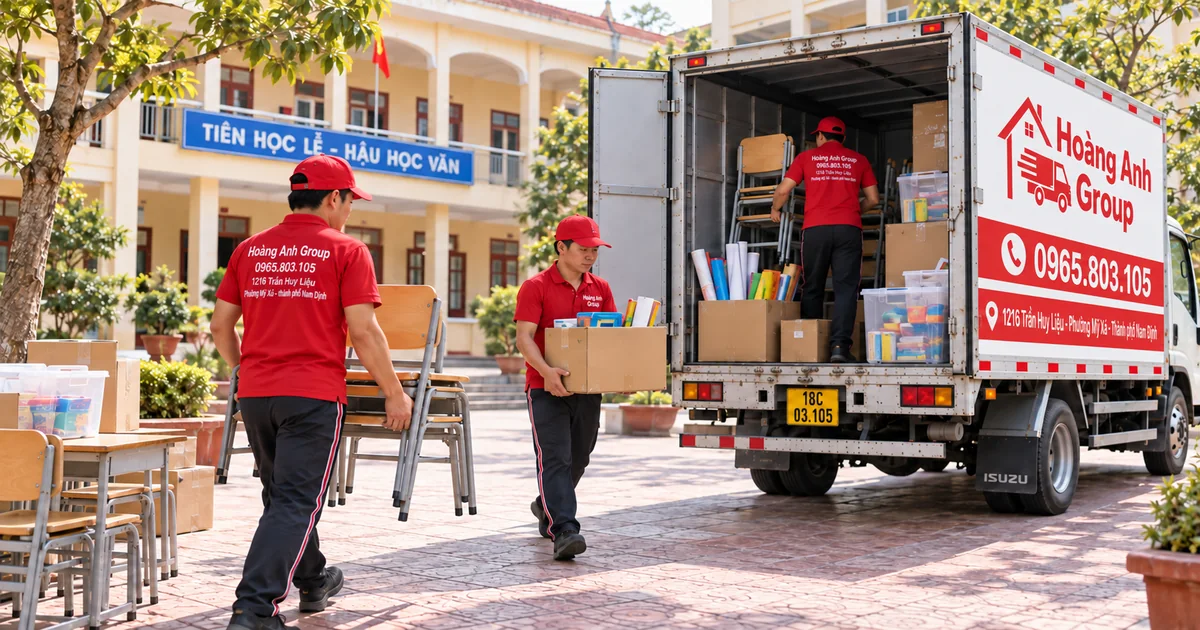 Nhân viên Hoàng Anh Group chuyển ghế học sinh và đồ dùng dạy học tại sân trường