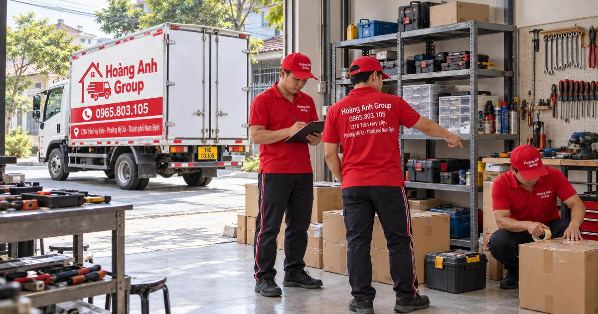Nhân viên Hoàng Anh Group trao đổi hiện trạng đồ nghề và hạng mục cần chuyển tại xưởng nhỏ