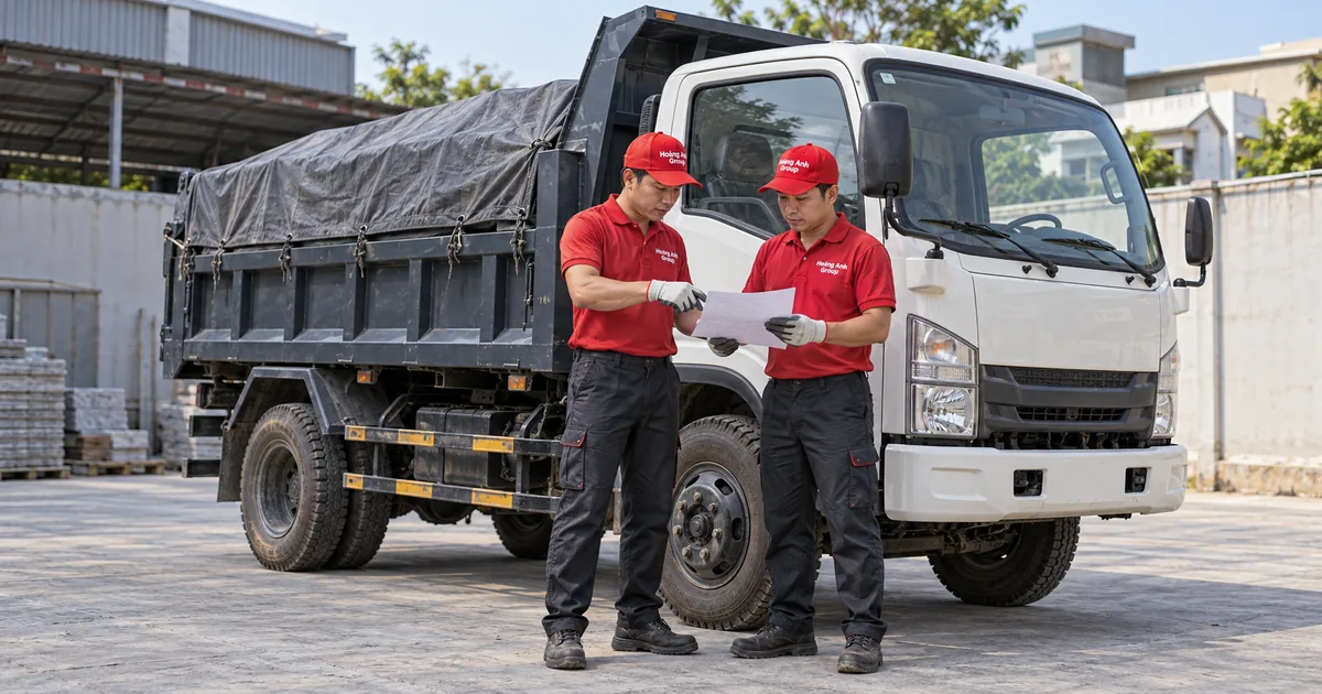 Xe tải phủ bạt dừng trong sân lát nền, nhân viên trao đổi giấy bàn giao minh họa