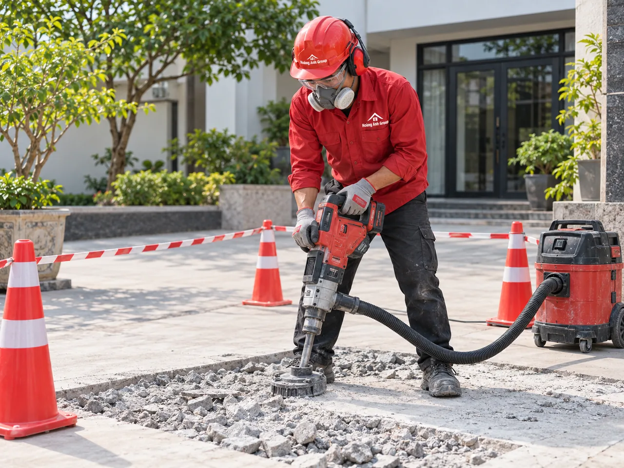 Nhân công dùng thiết bị đục có bộ phận thu bụi trên một phần bê tông nền ngoài sân