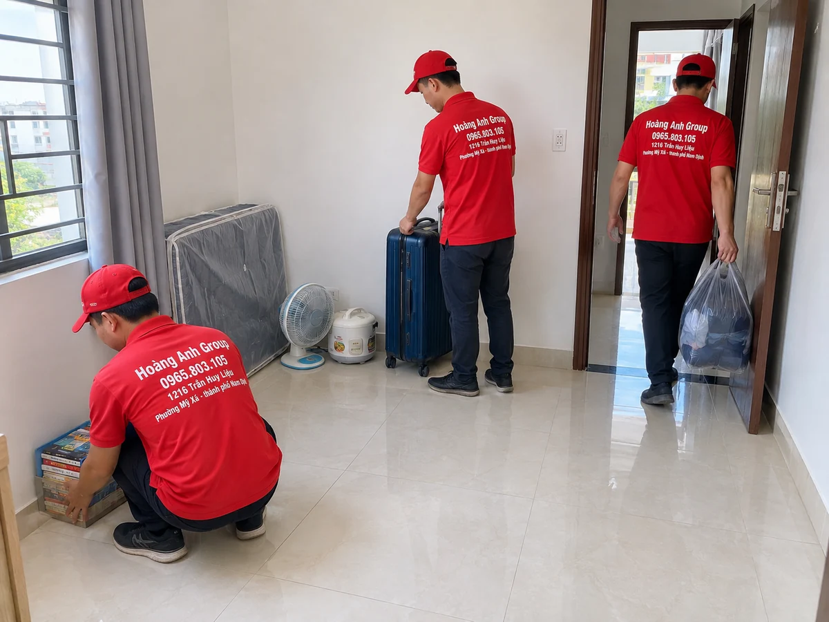 Nhân viên Hoàng Anh Group đưa sách, vali và túi đồ vào phòng trọ