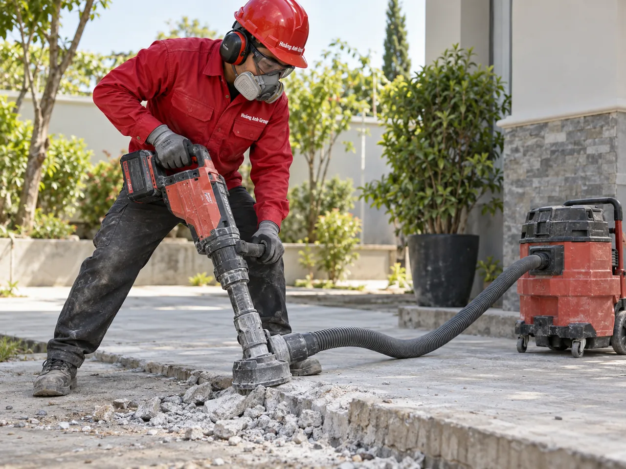 Nhân công mang bảo hộ thao tác với thiết bị đục và bộ phận thu bụi tại nền sân