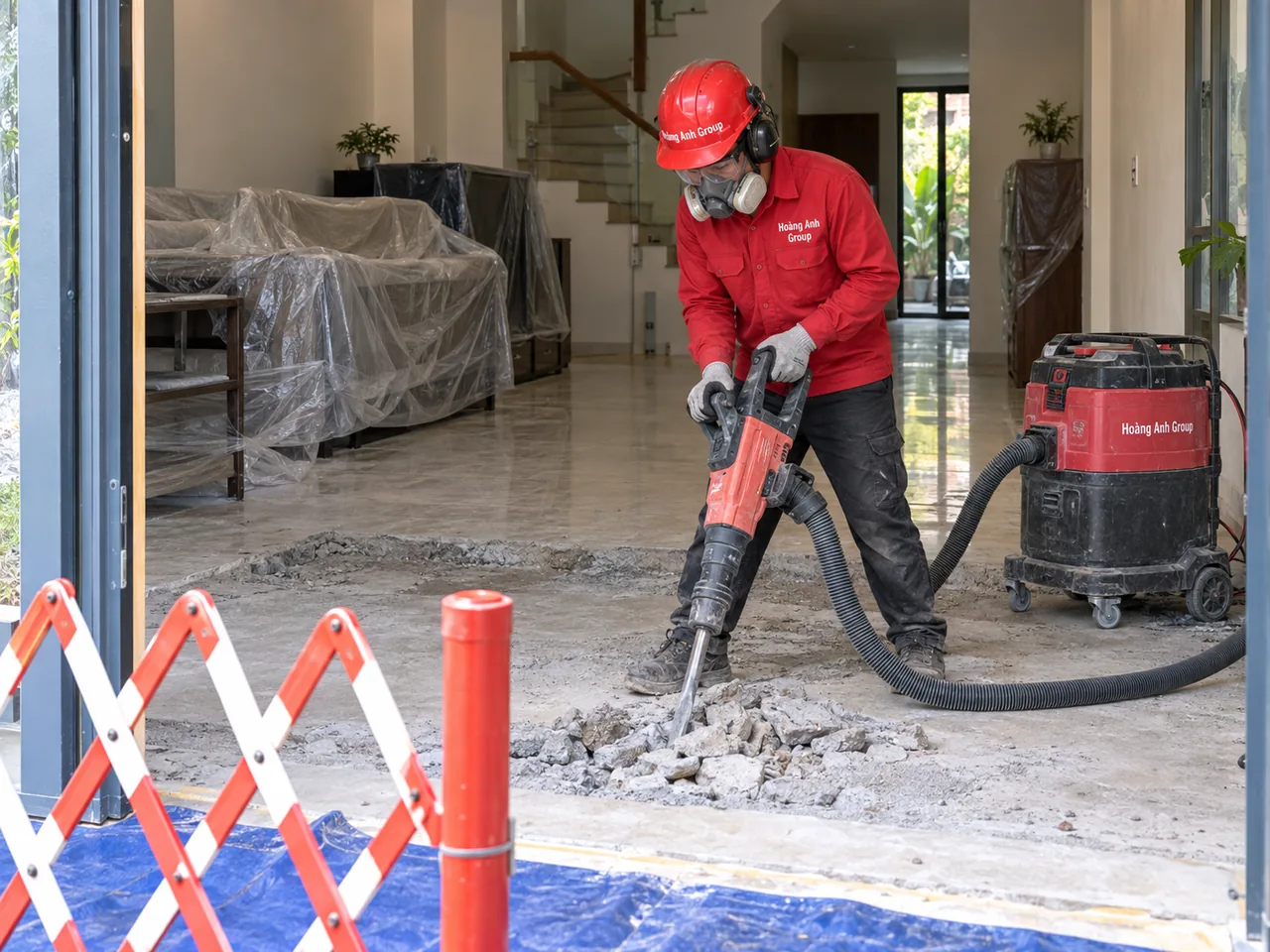 Nhân công tháo một phần nền tầng trệt nhà dân trong vùng làm việc được ngăn cách