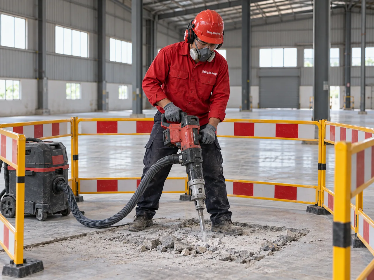 Nhân công thao tác tại một phần nền nhà xưởng trống có rào giới hạn và thiết bị thu bụi