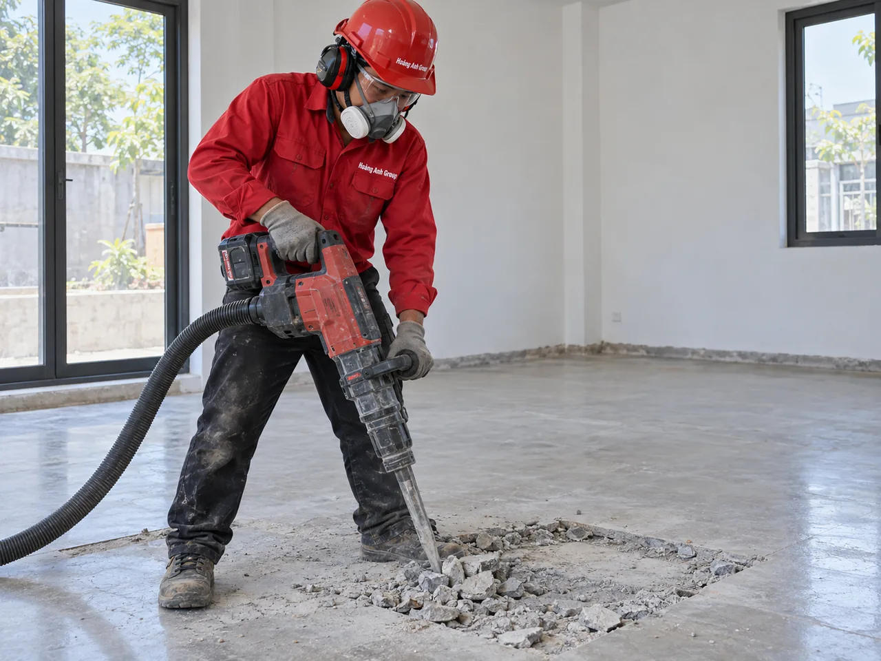 Nhân công tháo bỏ một phần lớp nền bê tông trên đất trong phòng trống