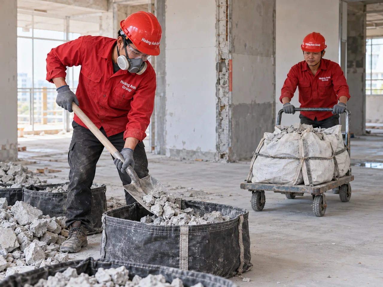 Nhân công thu gom bê tông vụn vào dụng cụ chứa và đưa bao trạc bằng xe đẩy thấp sau công việc