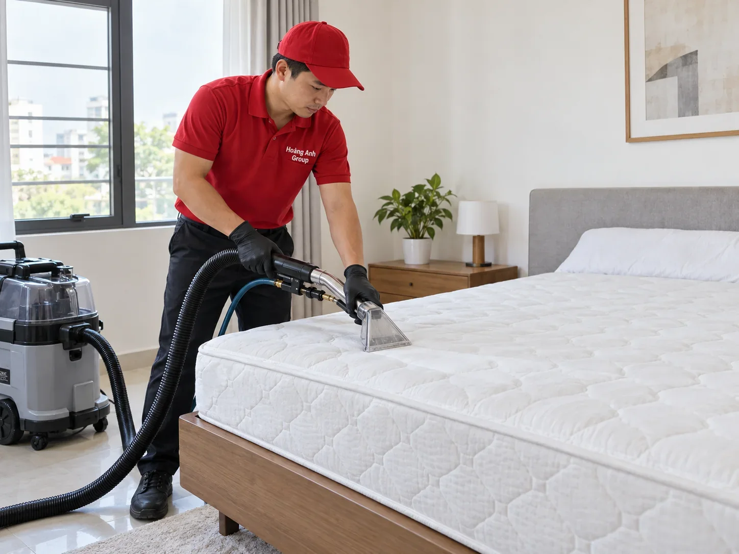 Minh họa nhân viên áo đỏ Hoàng Anh Group dùng đầu hút vệ sinh bề mặt đệm trong phòng ngủ