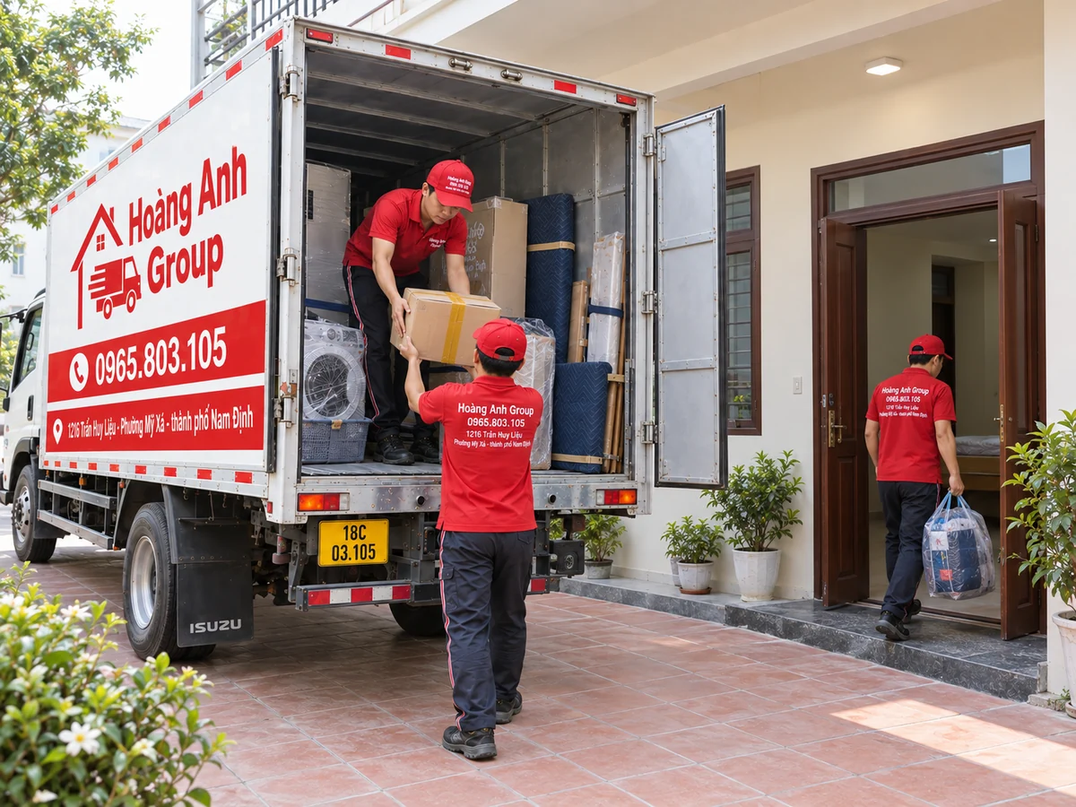 Nhân viên Hoàng Anh Group chuyển thùng đồ từ xe tải xuống trước nhà mới