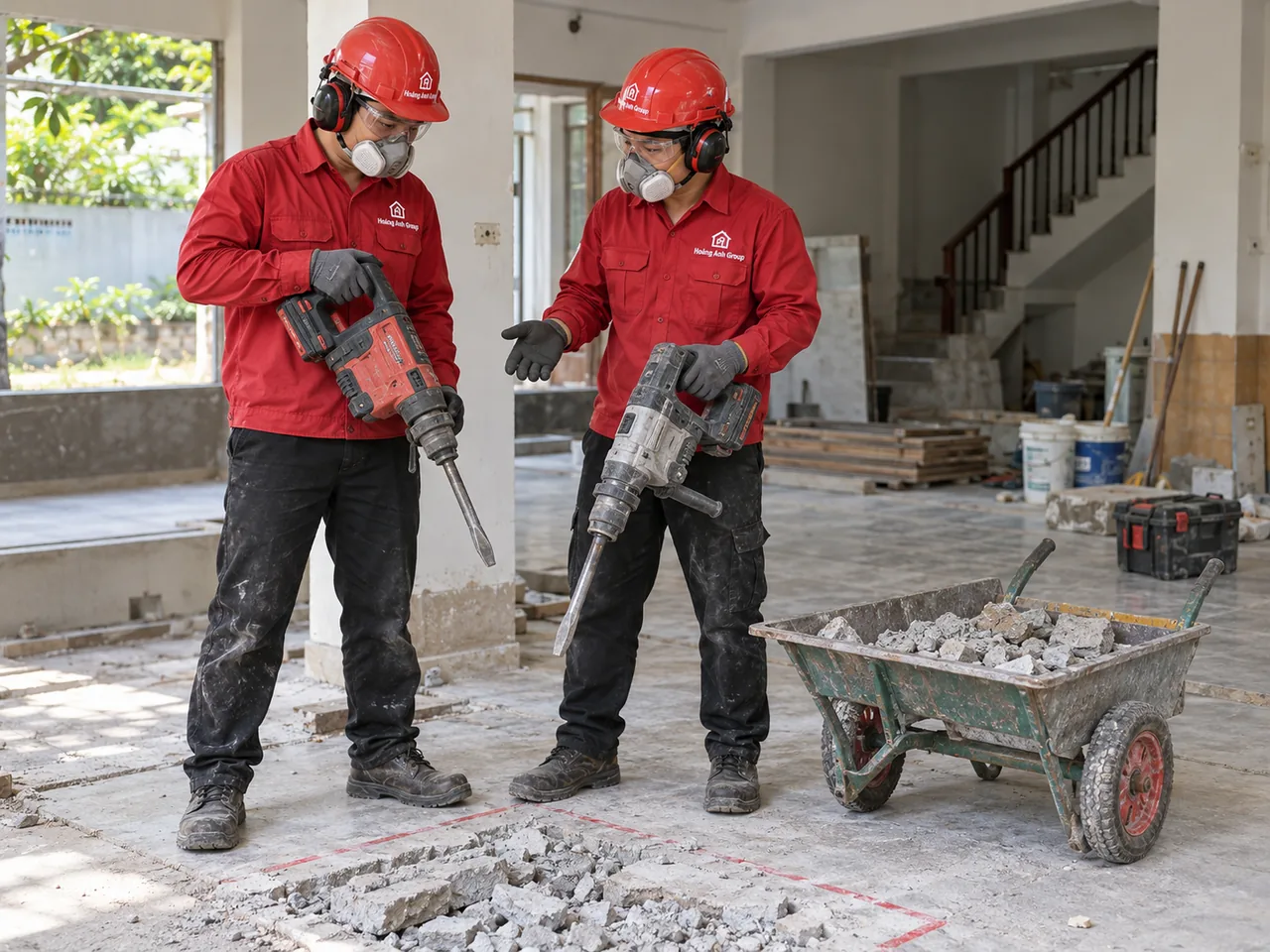 Nhân công trao đổi bên các thiết bị đã tắt và xe đẩy tại khu vực chuẩn bị công việc