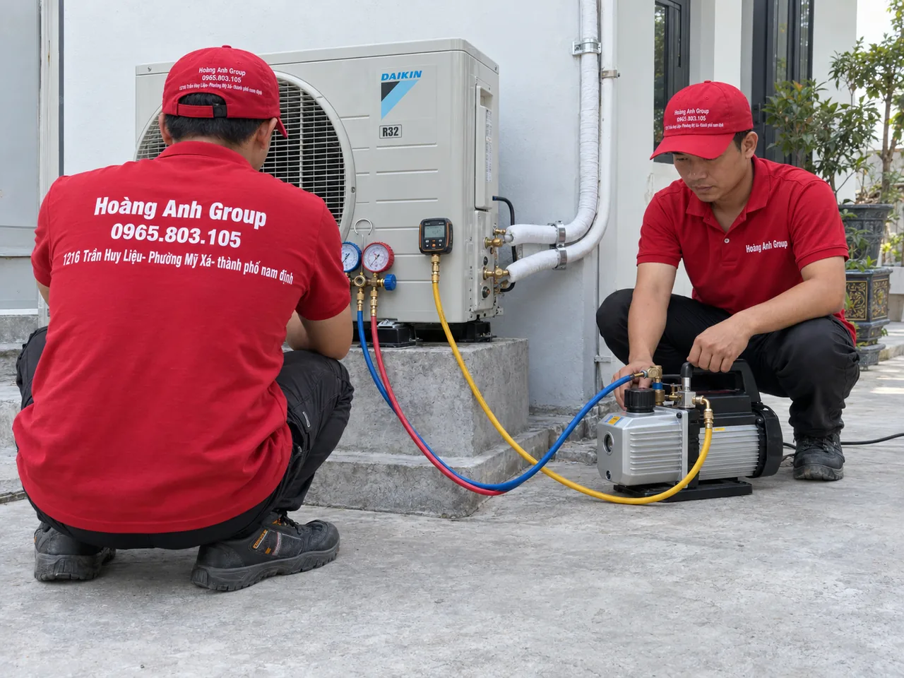 Hai kỹ thuật viên Hoàng Anh Group theo dõi thiết bị hút chân không bên dàn nóng điều hòa