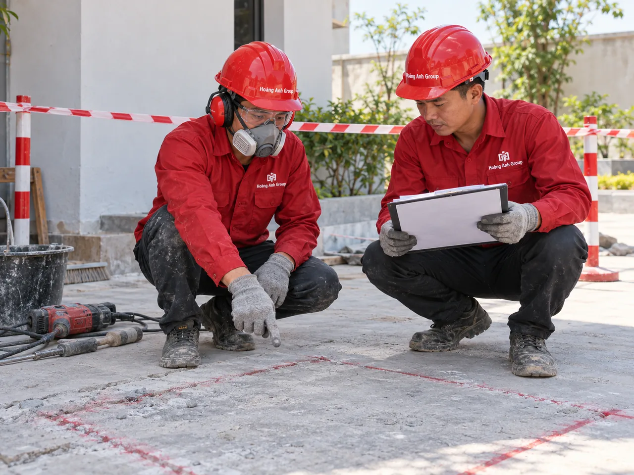 Hai nhân công trao đổi lịch công việc bên khu vực nền bê tông có rào giới hạn