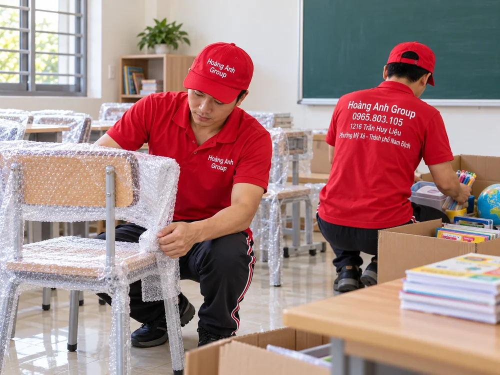 Nhân viên Hoàng Anh Group bọc ghế học sinh và sắp xếp học cụ trong lớp trống