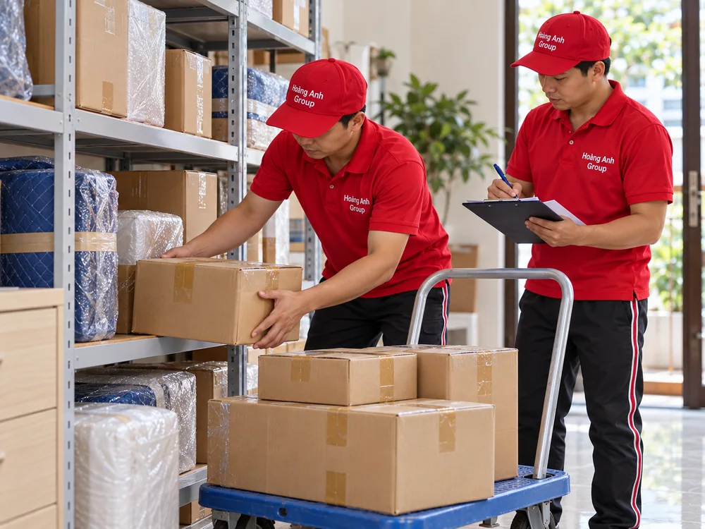 Nhân viên Hoàng Anh Group kiểm đếm thùng hàng tại kệ thấp trong kho