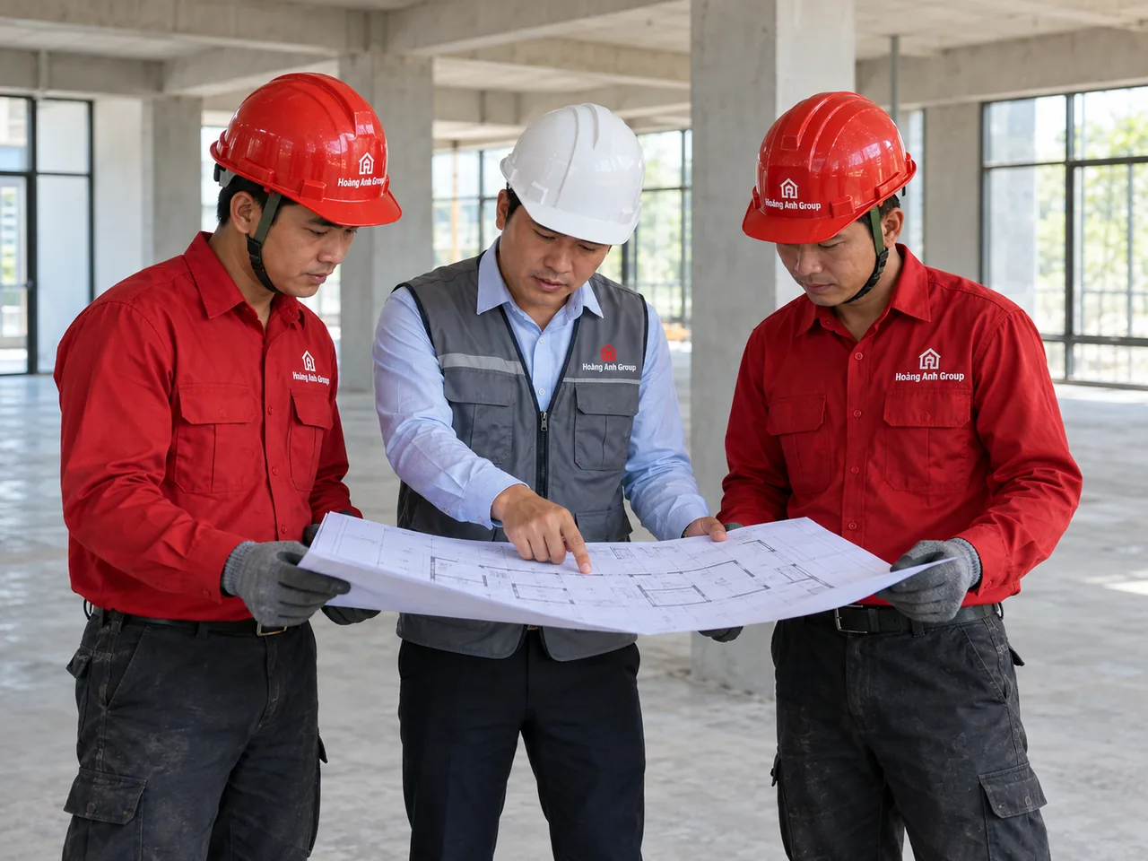 Người phụ trách và nhân công xem bản vẽ bên sàn bê tông nguyên trạng trước khi xác nhận hạng mục