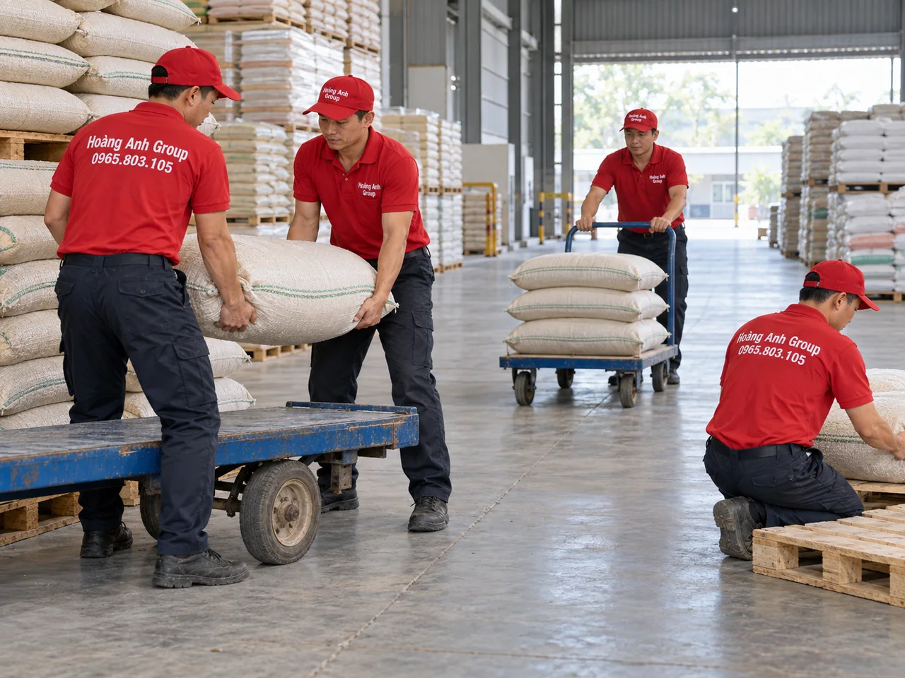 Nhân công Hoàng Anh Group phối hợp chuyển bao hàng lên xe đẩy trong kho