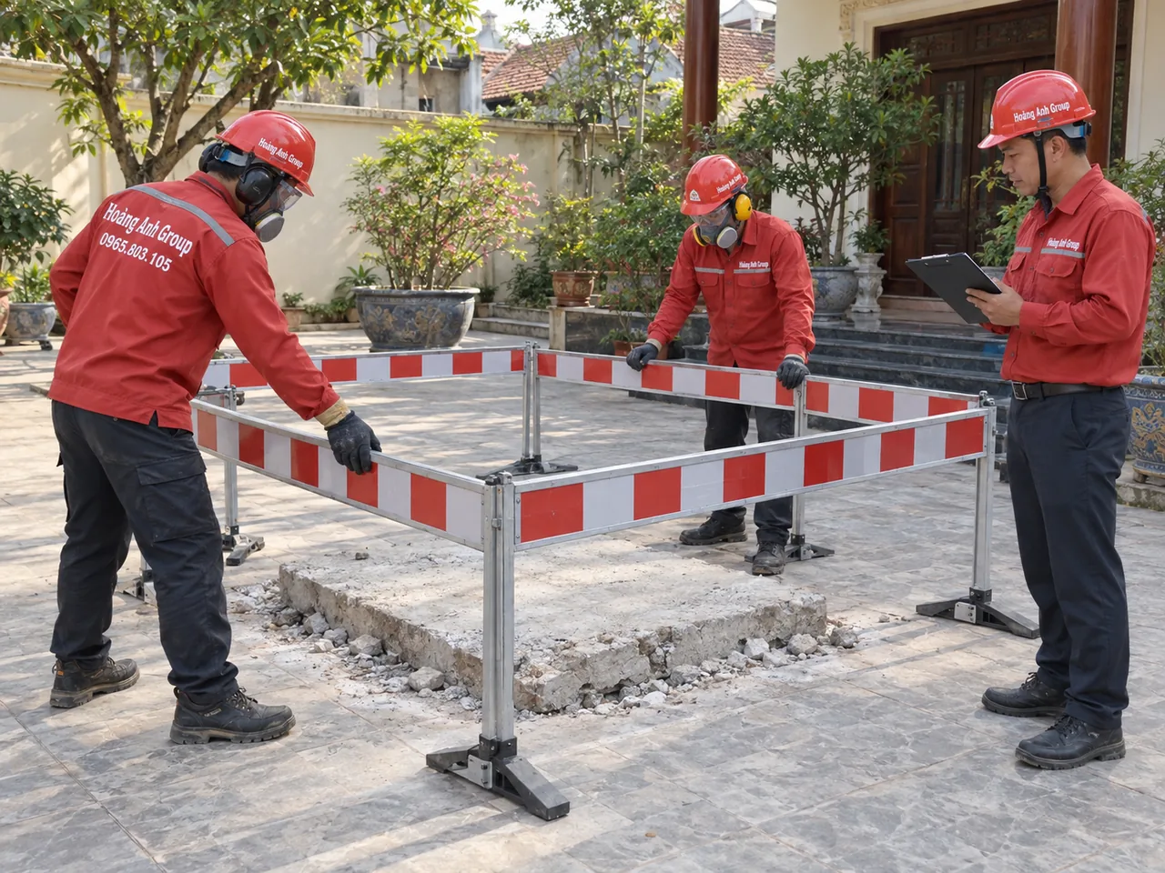 Nhân công và người phụ trách trao đổi bên khu vực công việc được giới hạn bằng rào di động