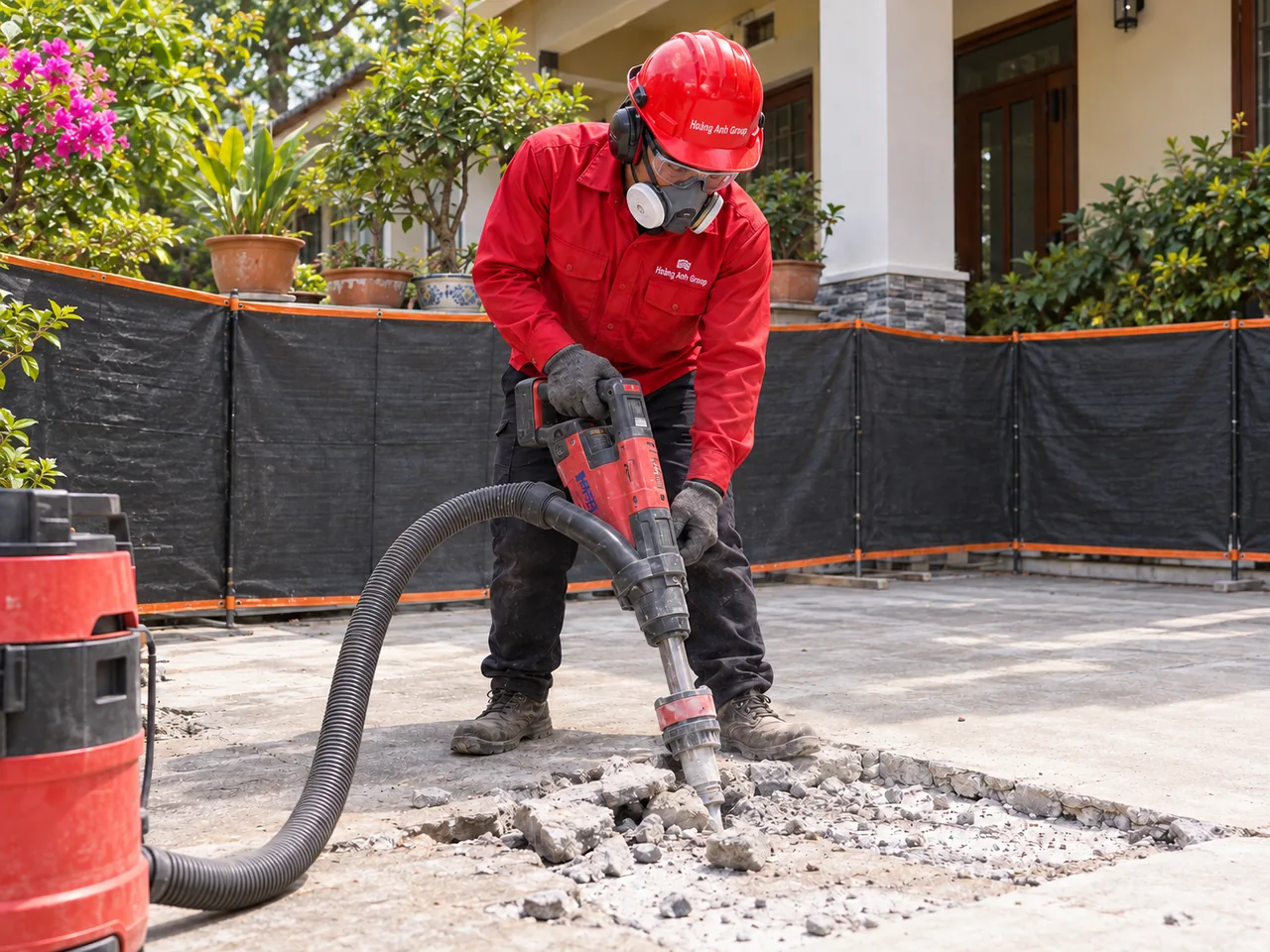 Nhân công thực hiện phần nền bê tông sân ngoài trời, các chậu cây được để ngoài khu vực giới hạn